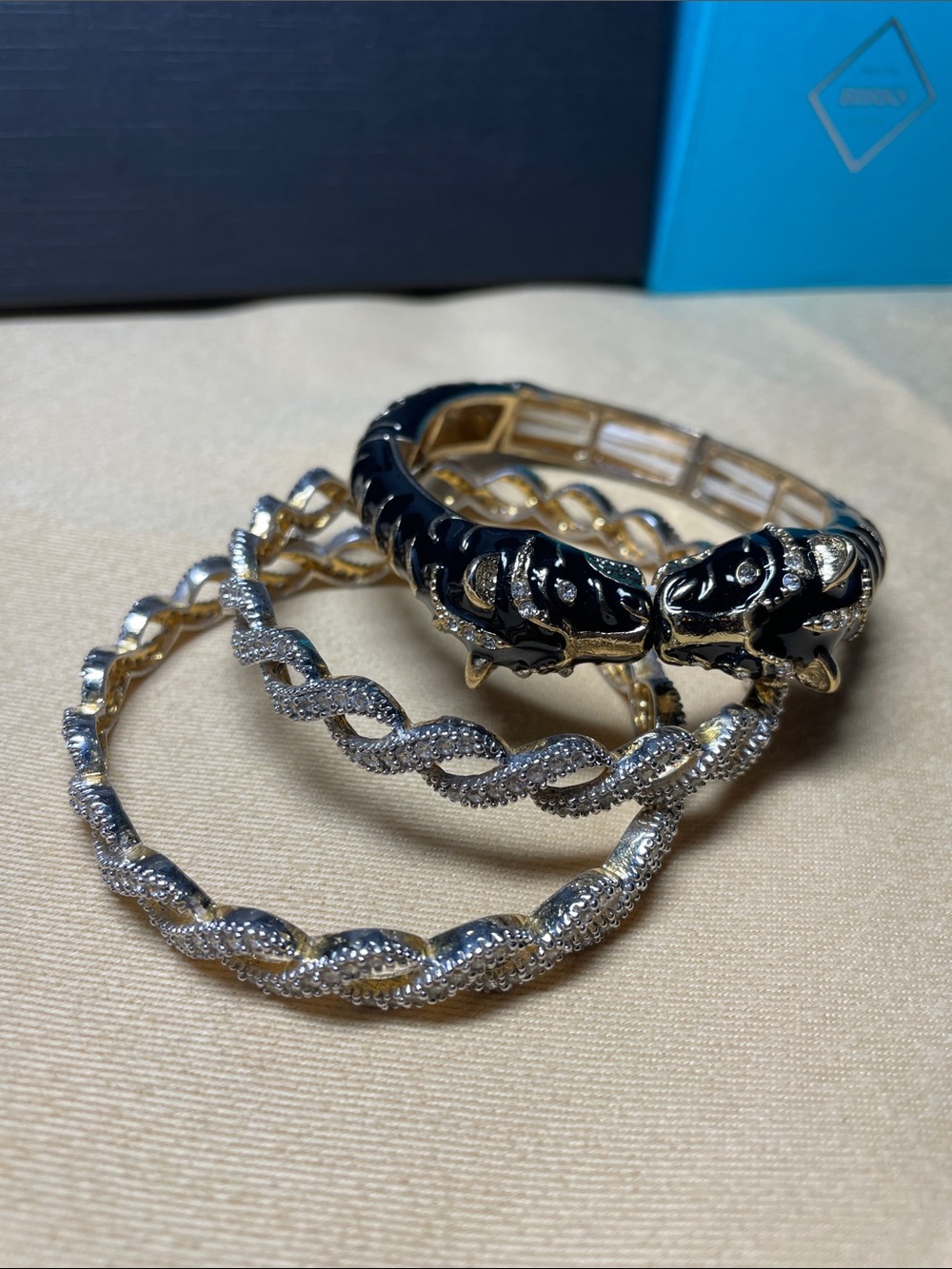 Gold and Black Enamel Leopard Head Bangle Set 3 piece